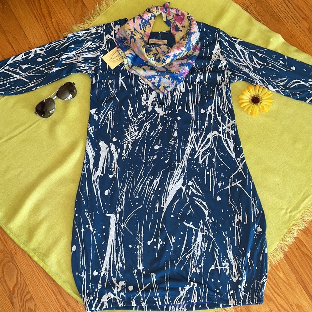 🌺 La Donna; Made in Italy & BNWT - Misses L/S Blue & White Abstract Dress Sz. S